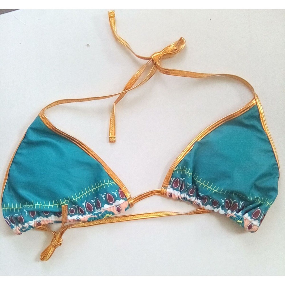 Swimwear Boho‎ Bikini Set, Teal Gold Trim Cheeky Bottoms Swimsuit Beach Sexy